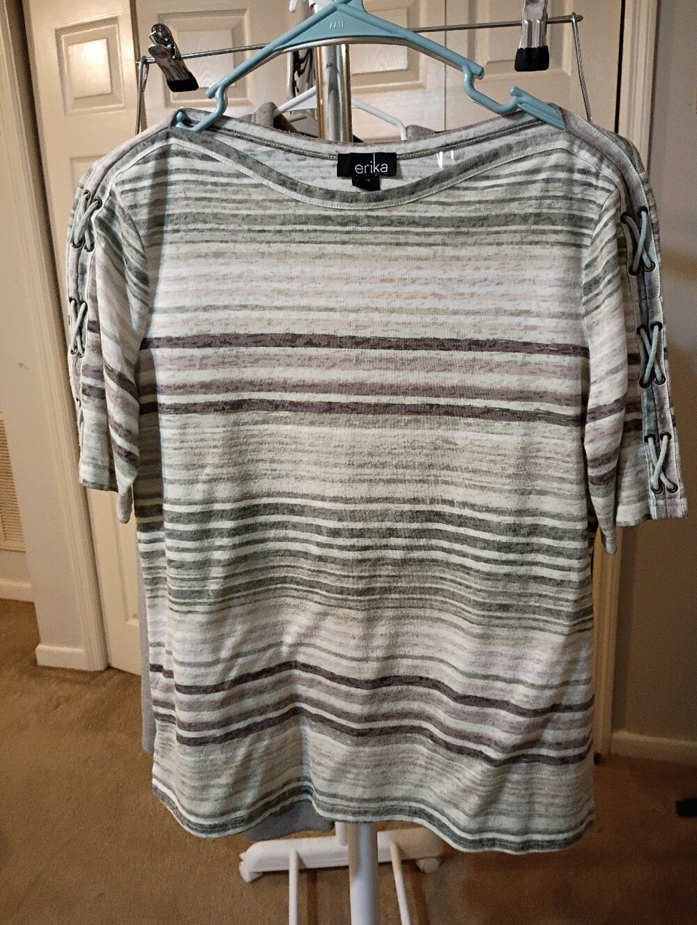 Erika Striped Short Sleeve Top in Sage and Taupe